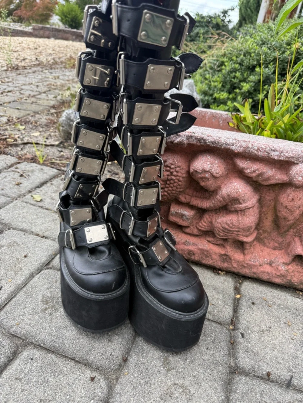 Black Platform Studded Buckle Boots - Women